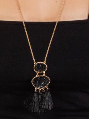 Black Crystal Tassel Necklace